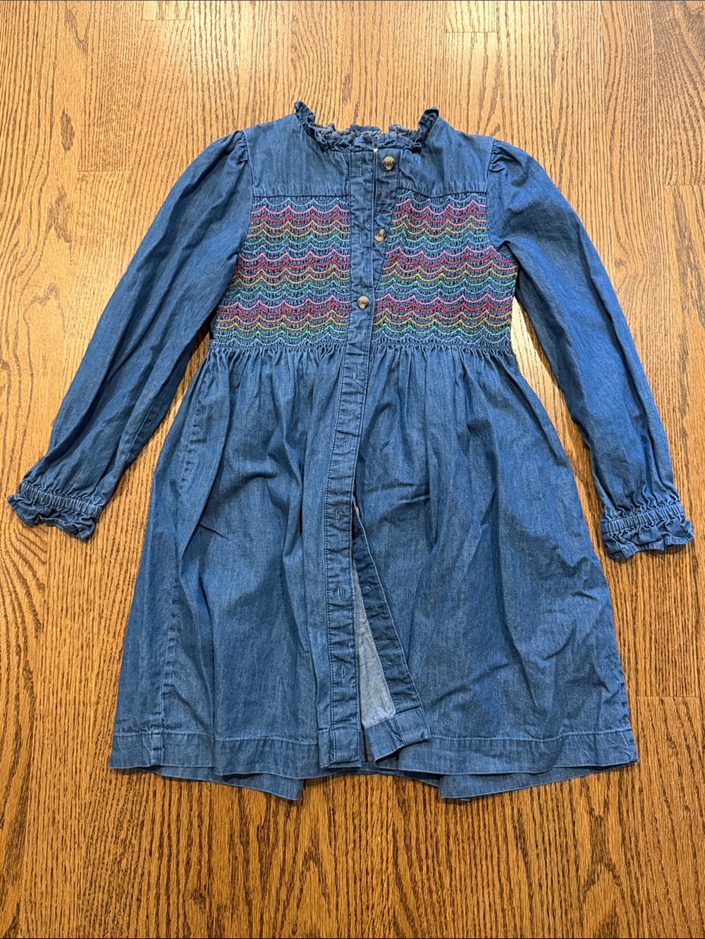 Girls' Blue Denim Dress with Multicolor Smocked Yoke